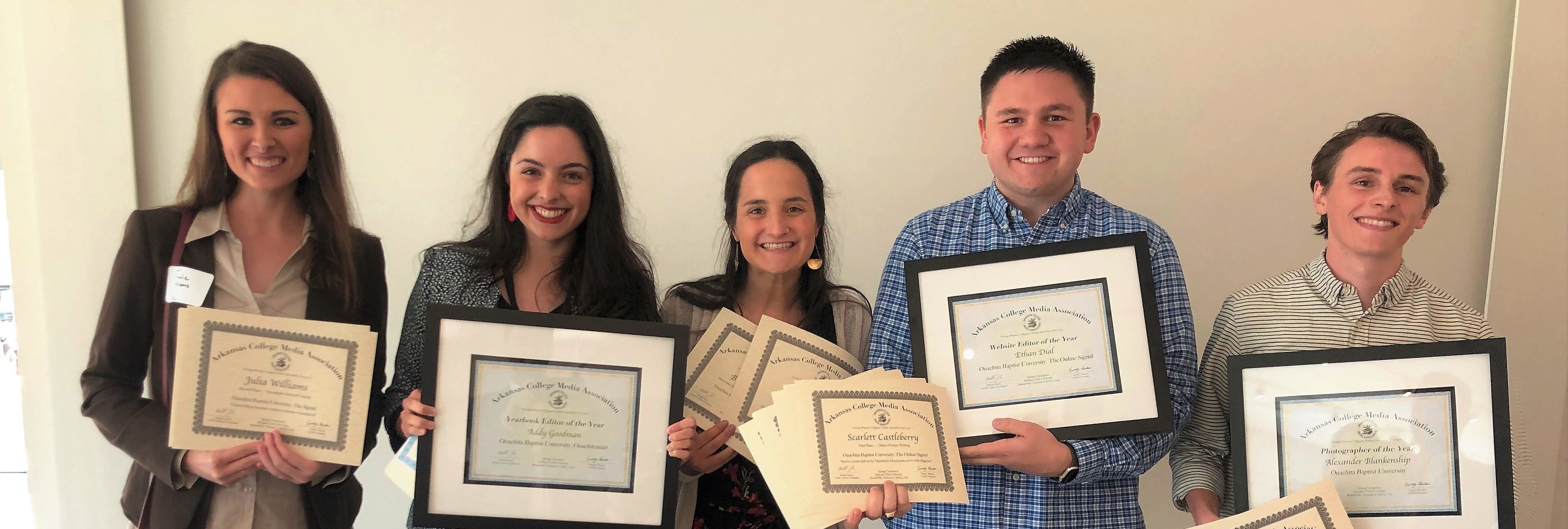 Pictured (from left) are Ouachita communications students Julie Williams, who won a 1st place award for her work with The Signal; Addy Goodman, Yearbook Editor of the Year; Brooke Woessner, who won 2nd place and honorable mention awards for her work with the Ouachitonian; Ethan Dial, Website Editor of the Year; and Alex Blankenship, Photographer of the Year.