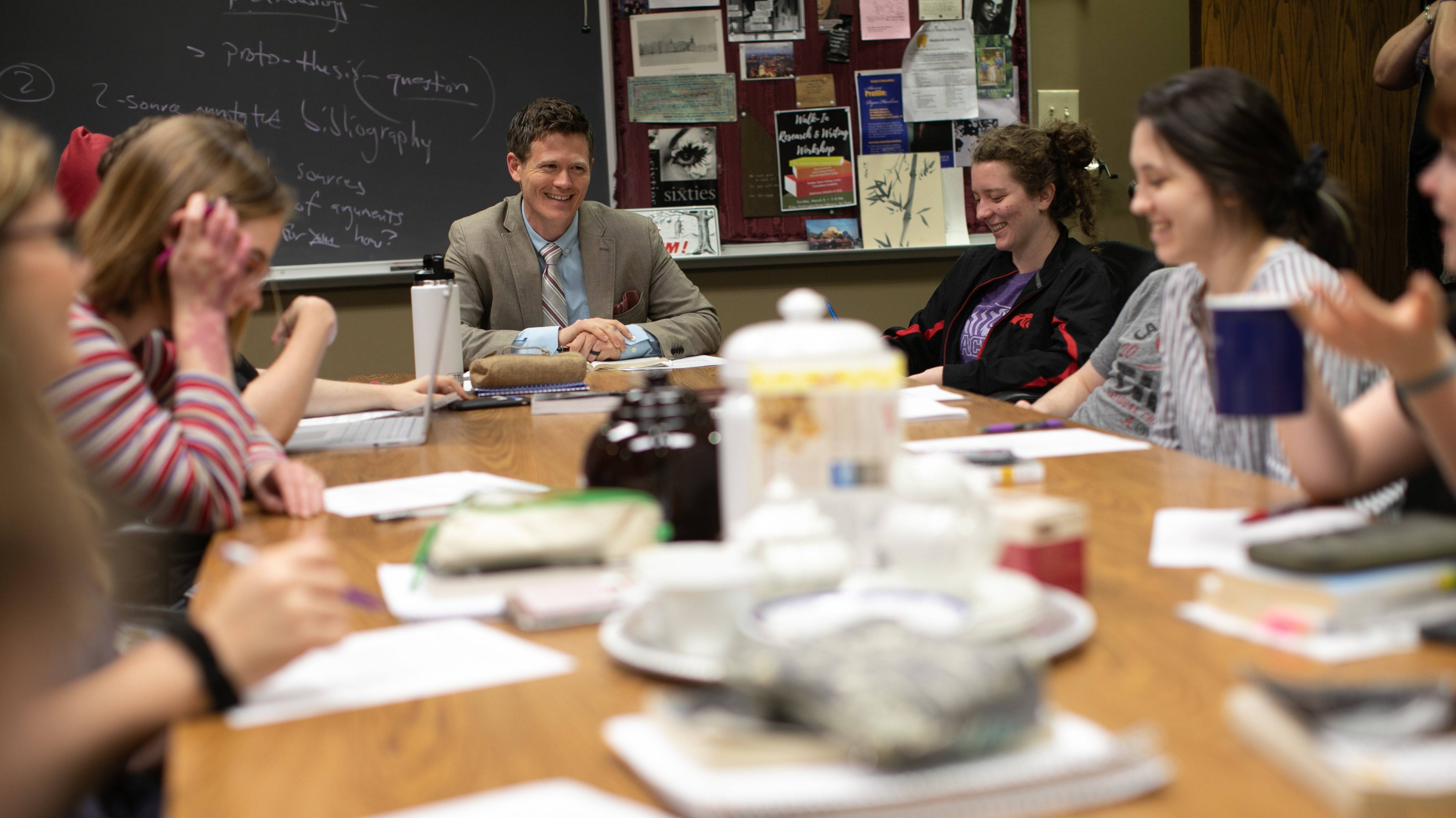 Students talking in classroom